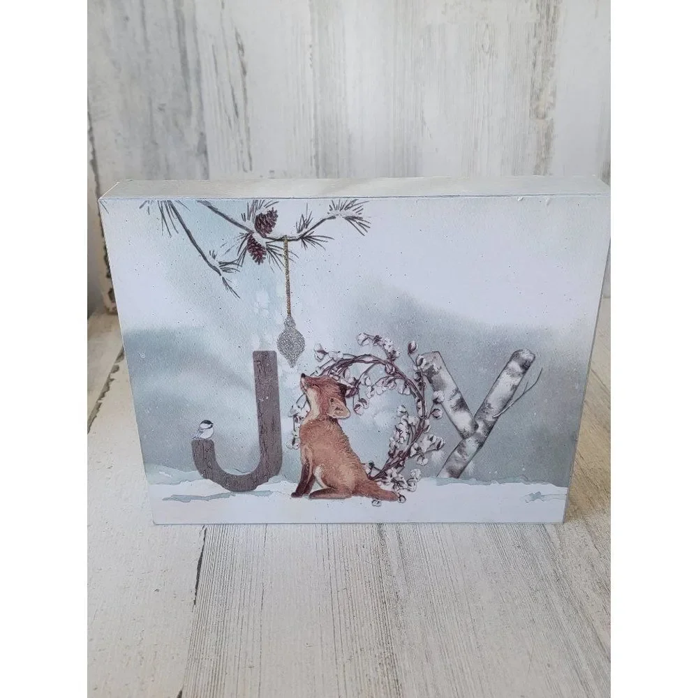 Snow scene picture Fox baby‎ Joy glitter Xmas Decor sign